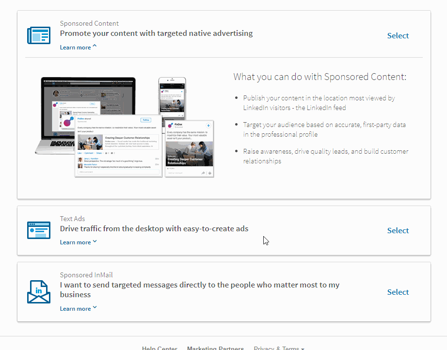 linkedin compared to facebook, sponsored content, sponsored inmail, text ads