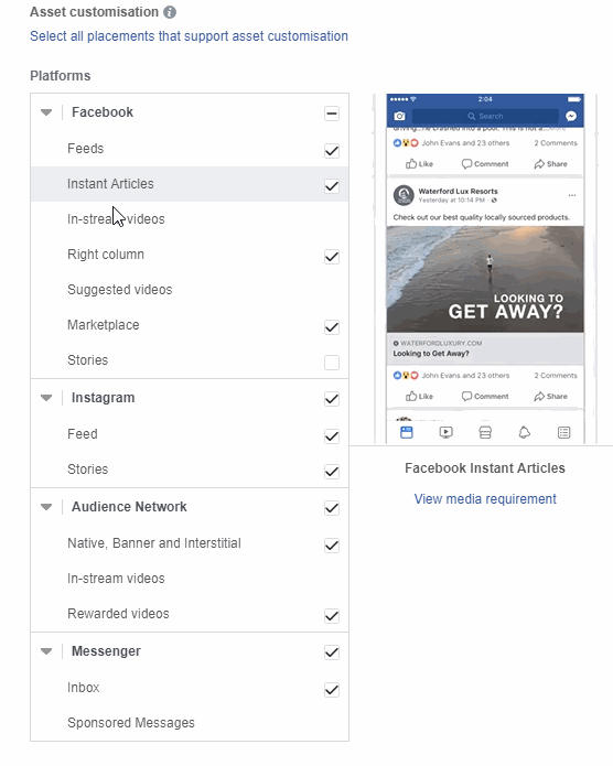 asset customisation, choose placement platform, linkedin compared to facebook