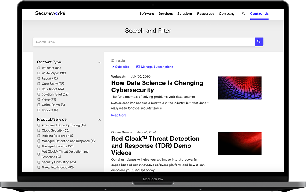 SecureWorks resources page features a wide range of valuable content, ranging from case studies to videos.